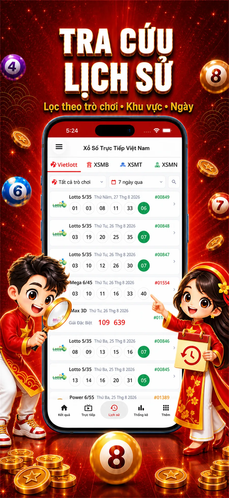 Màn hình lịch sử các kỳ quay.