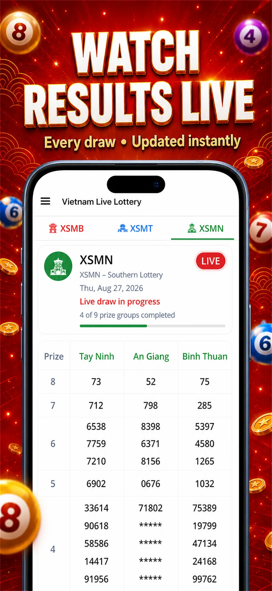 Phone showing a live southern Vietnam lottery draw.