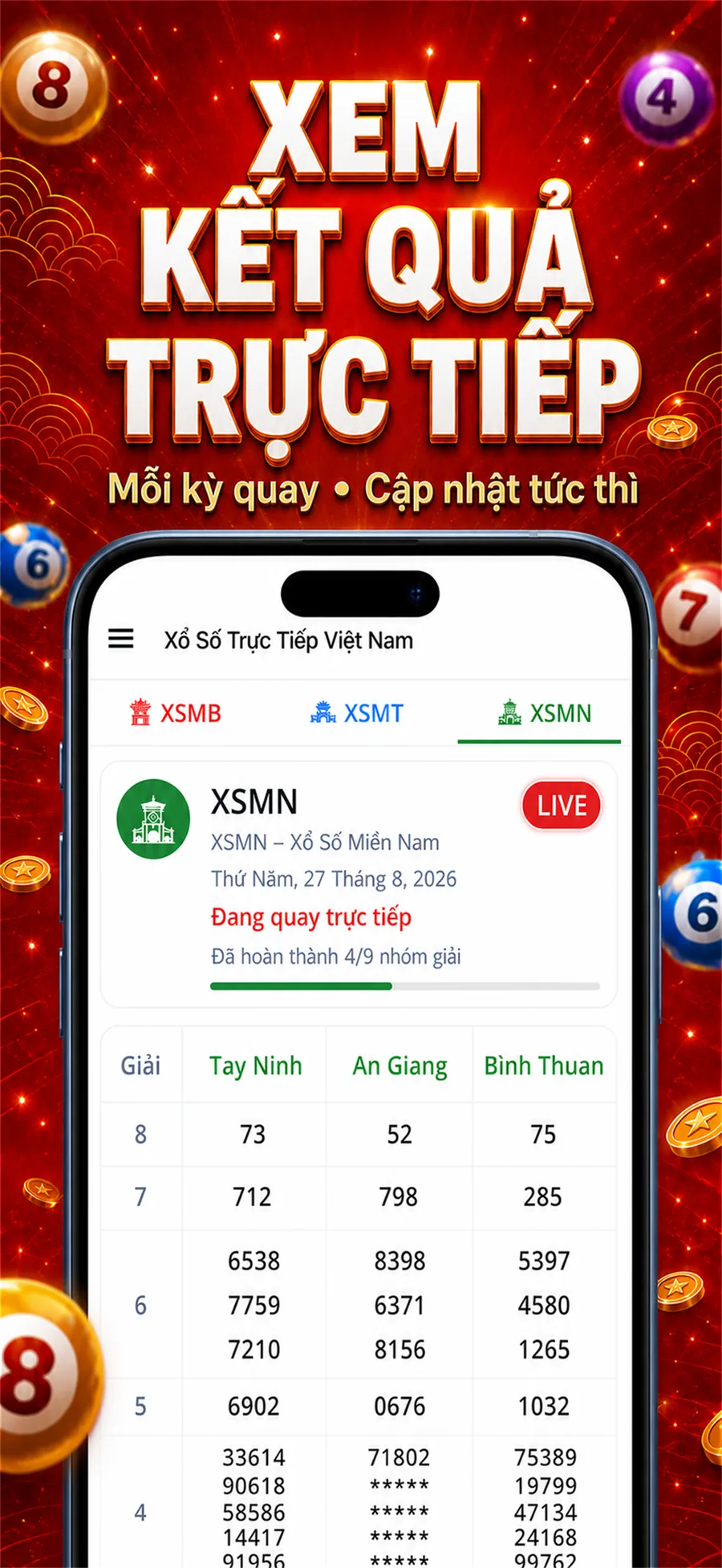 Màn hình trực tiếp xổ số miền Nam trên điện thoại.