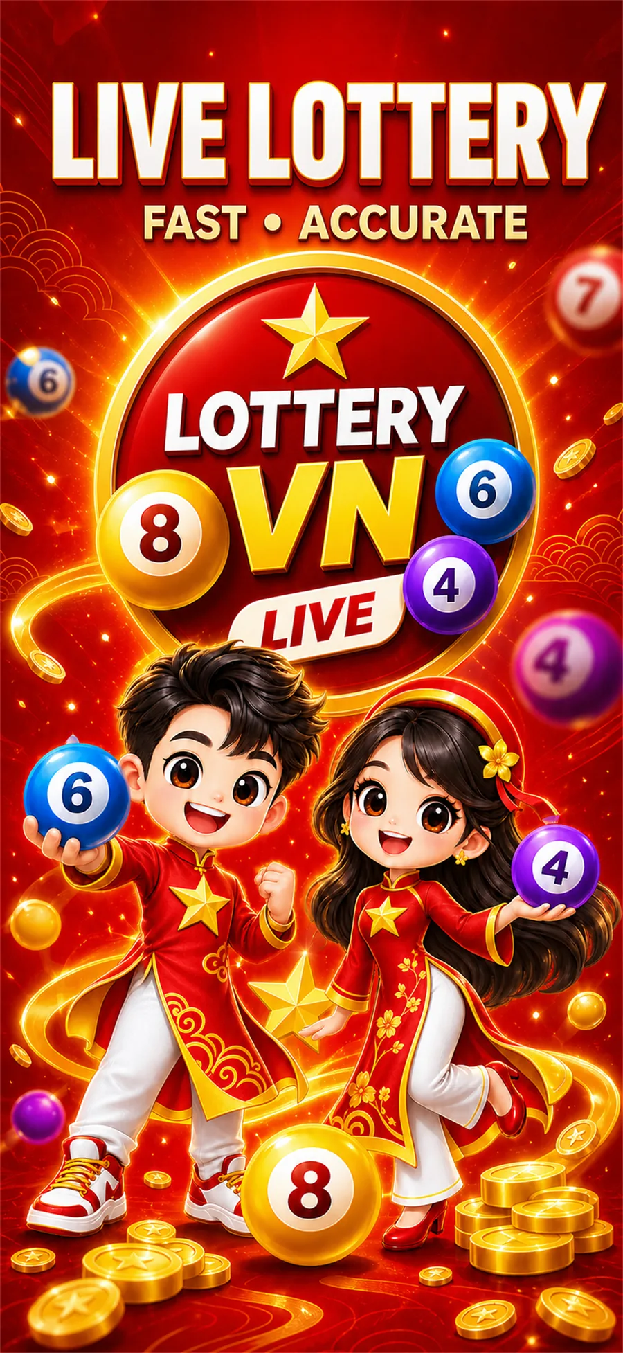 Xo So VN Live poster with two figures in ao dai and lottery balls.