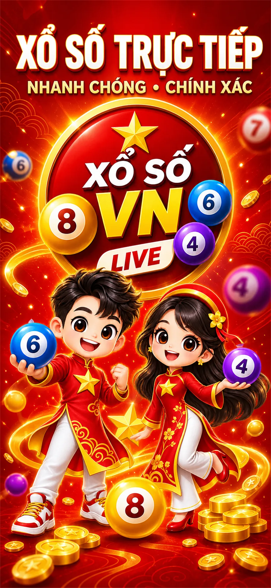 Áp phích Xổ Số VN Live với hai nhân vật áo dài và các quả bóng số.