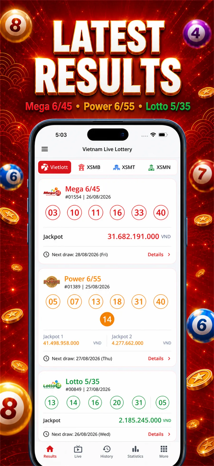 Phone showing Mega 6/45, Power 6/55, and Lotto 5/35 results.