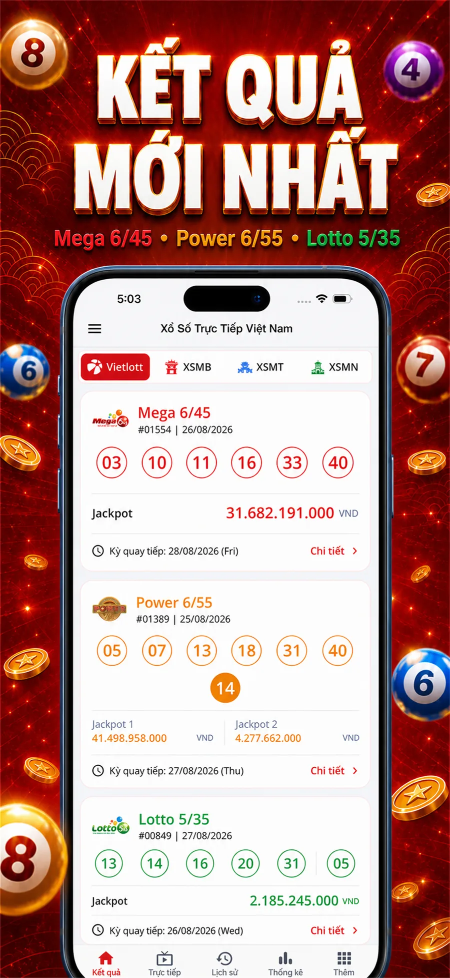 Màn hình kết quả Mega 6/45, Power 6/55 và Lotto 5/35.